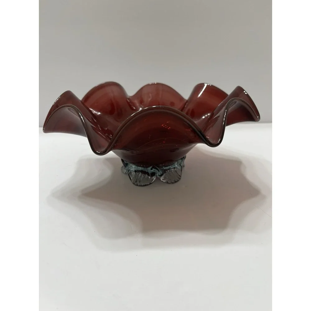 Vintage Art Glass Bowl Hand Blown Ruby Red Ruffle Edge Clear Pedestal  8.75x4